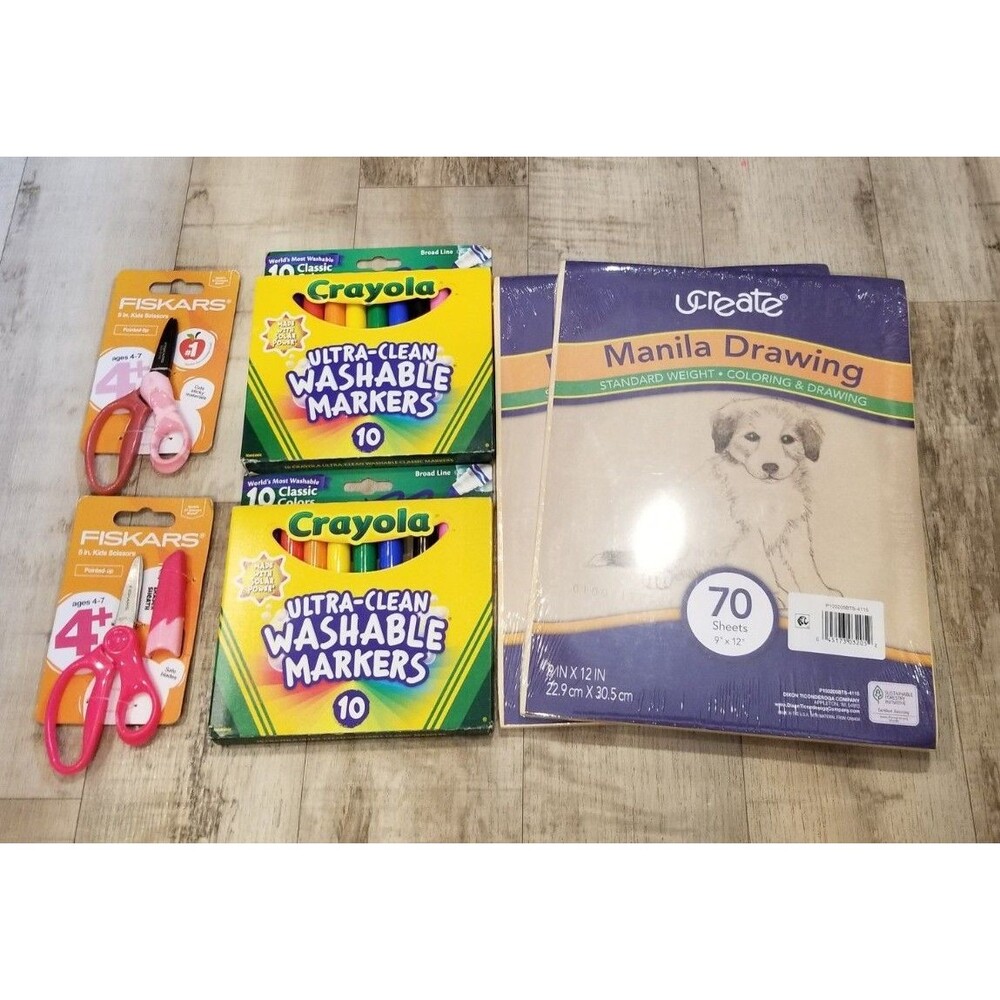 Lot Of 2x Crayola Markers 2x Fiskars Scissors 2x Manilla Paper School Supplies